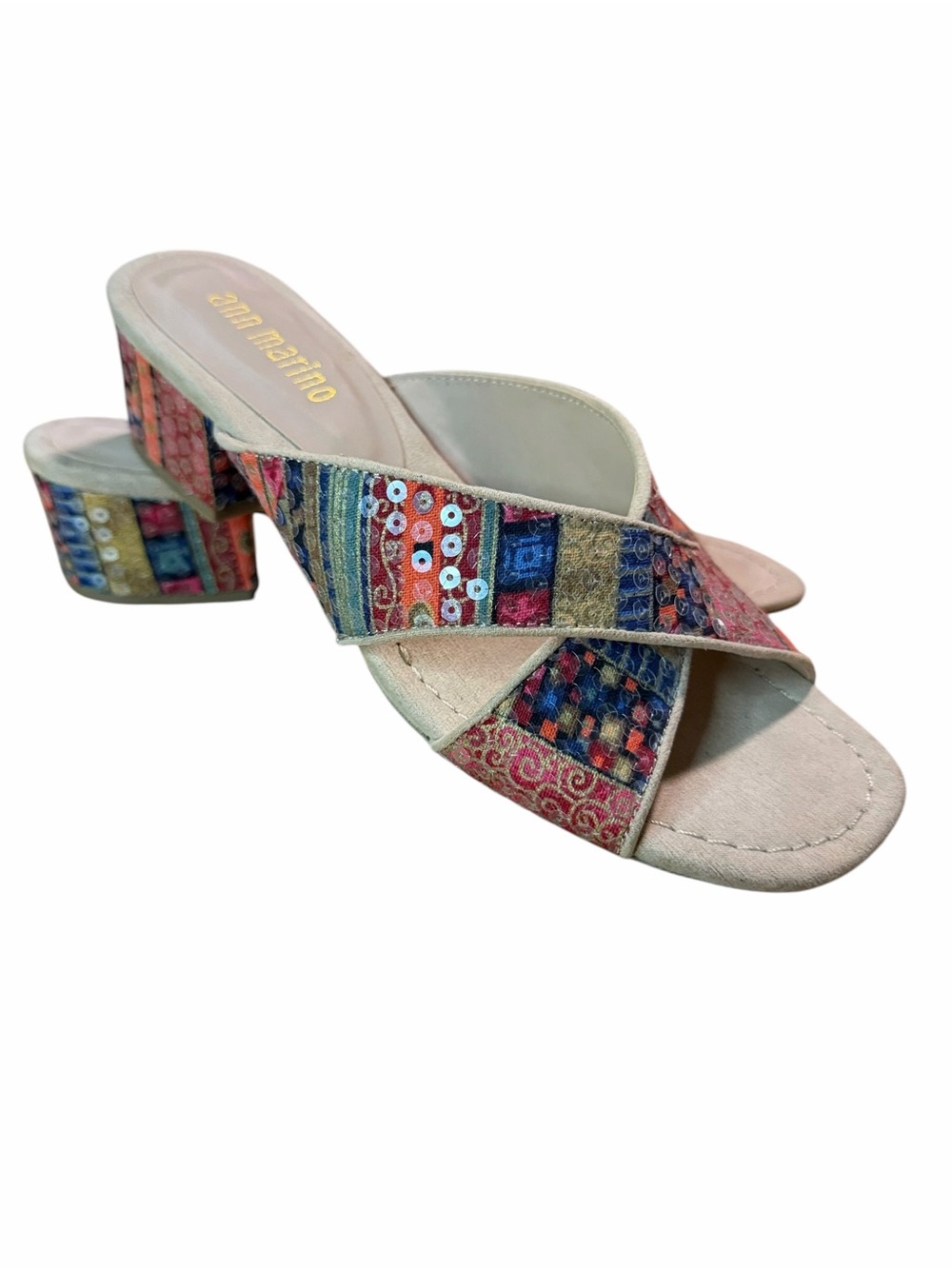 Ann Marino Multicolor Embroidered Cross-Band Block Heel Mules